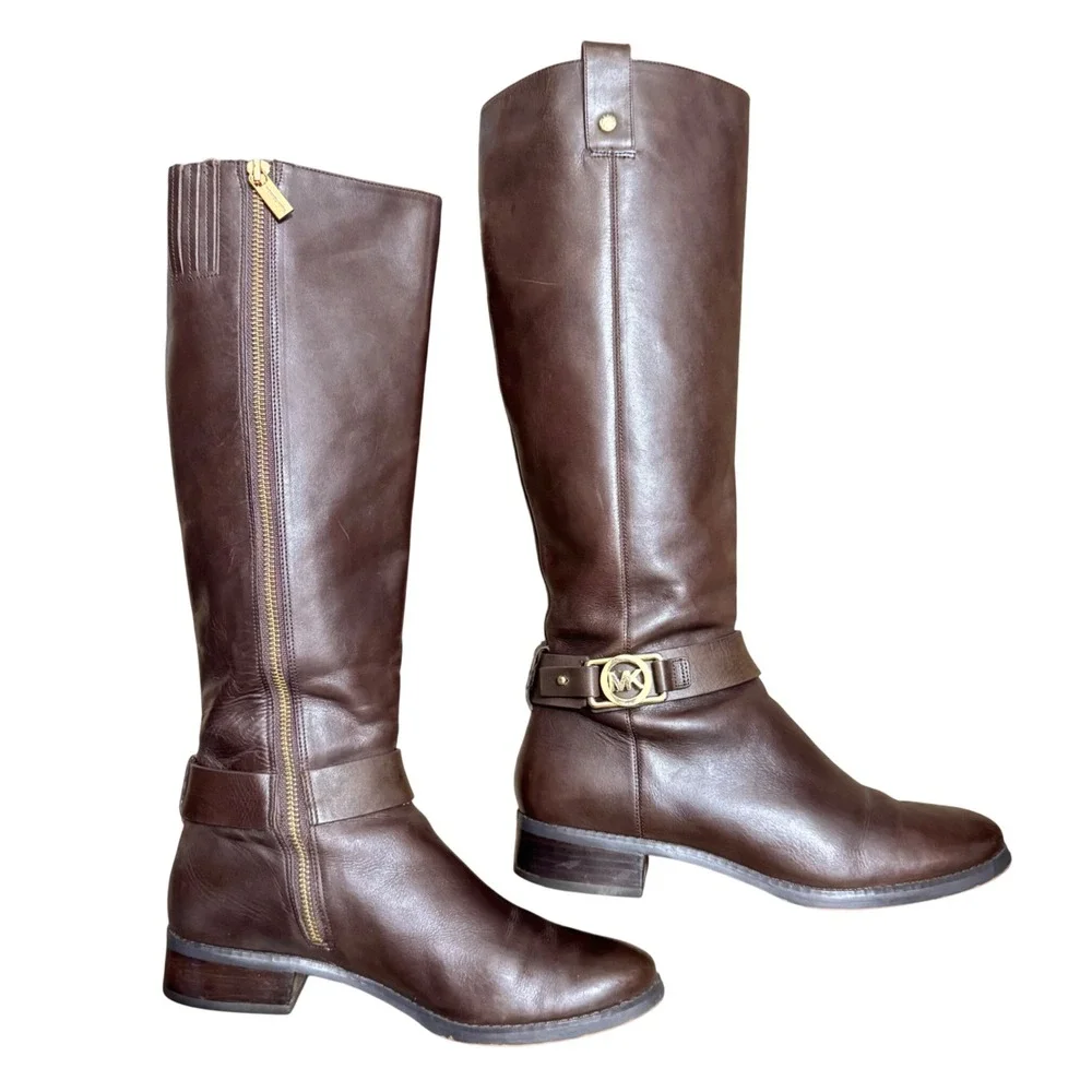 Michael Kors Brown Leather Riding Boots MK Logo Buckle Side‎ Zip Women Size 7.5M - Picture 2 of 10